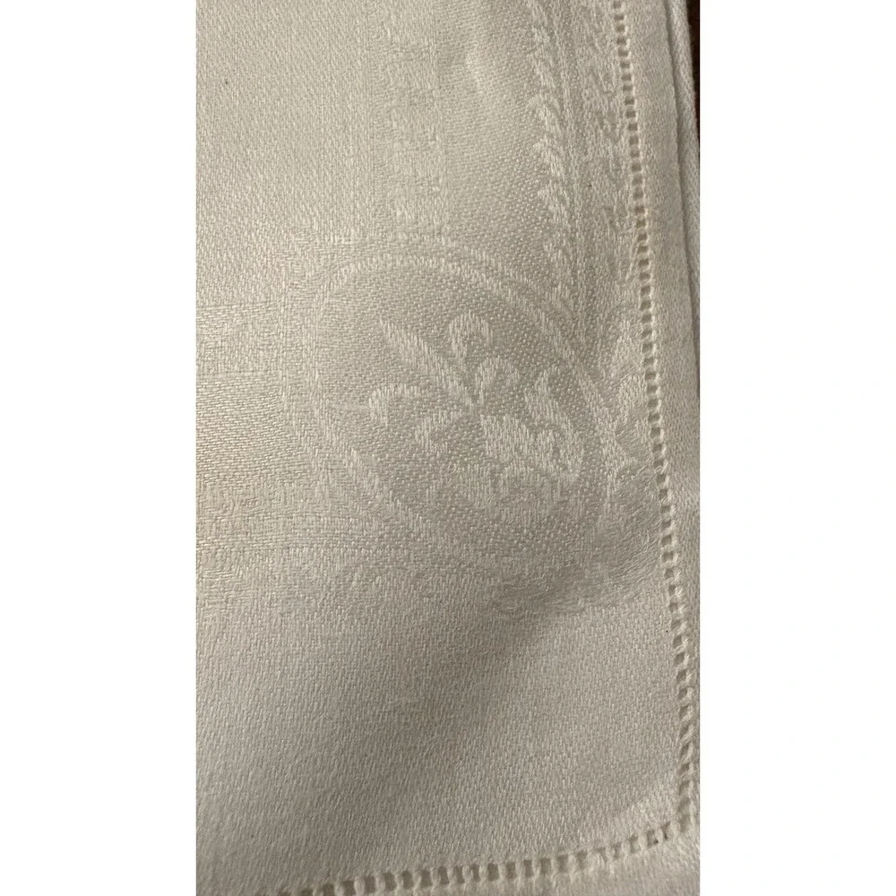Vintage White Damask Napkins Hemstitched Fleur de Lis European Linen Set of 6